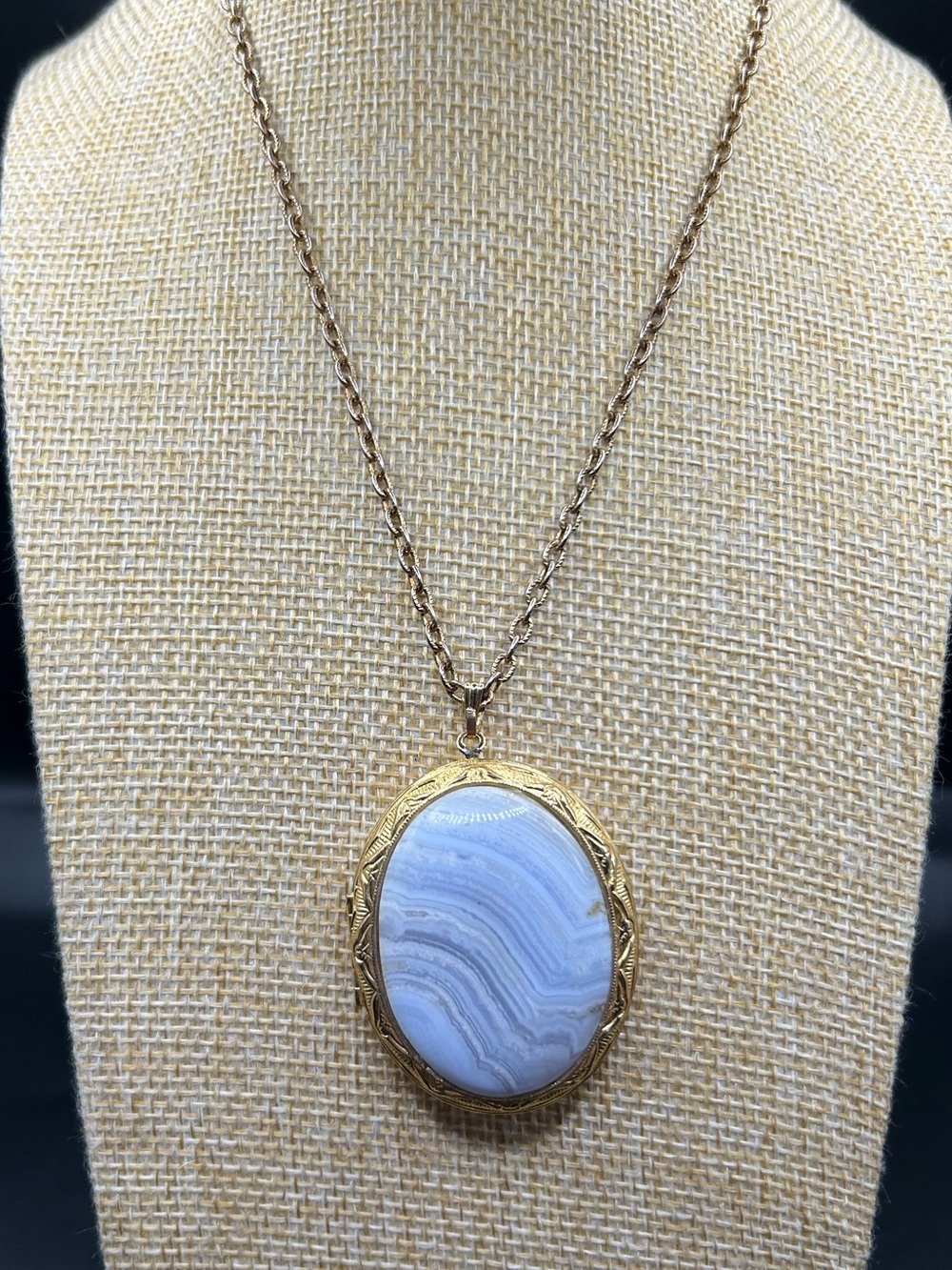 Gold-Tone Agate Oval Locket Pendant Necklace